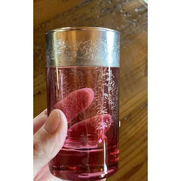 Vetri di Firenze Vtg Etched Colored Glass Etched Silver Top Rim Cordials Italian